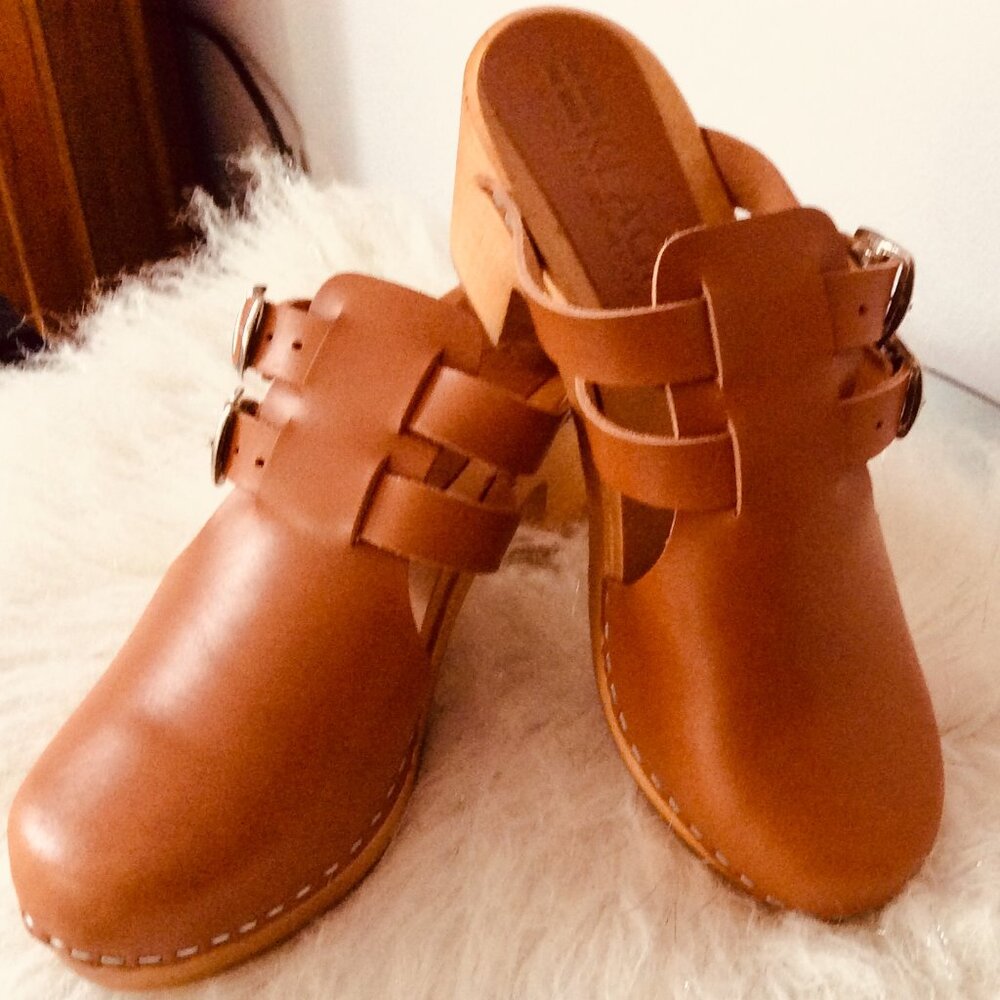 Brand New Klagn Brigetta Mid-Heel Fashion Leather Wooden Clog 38EU in Cognac - Picture 8 of 9